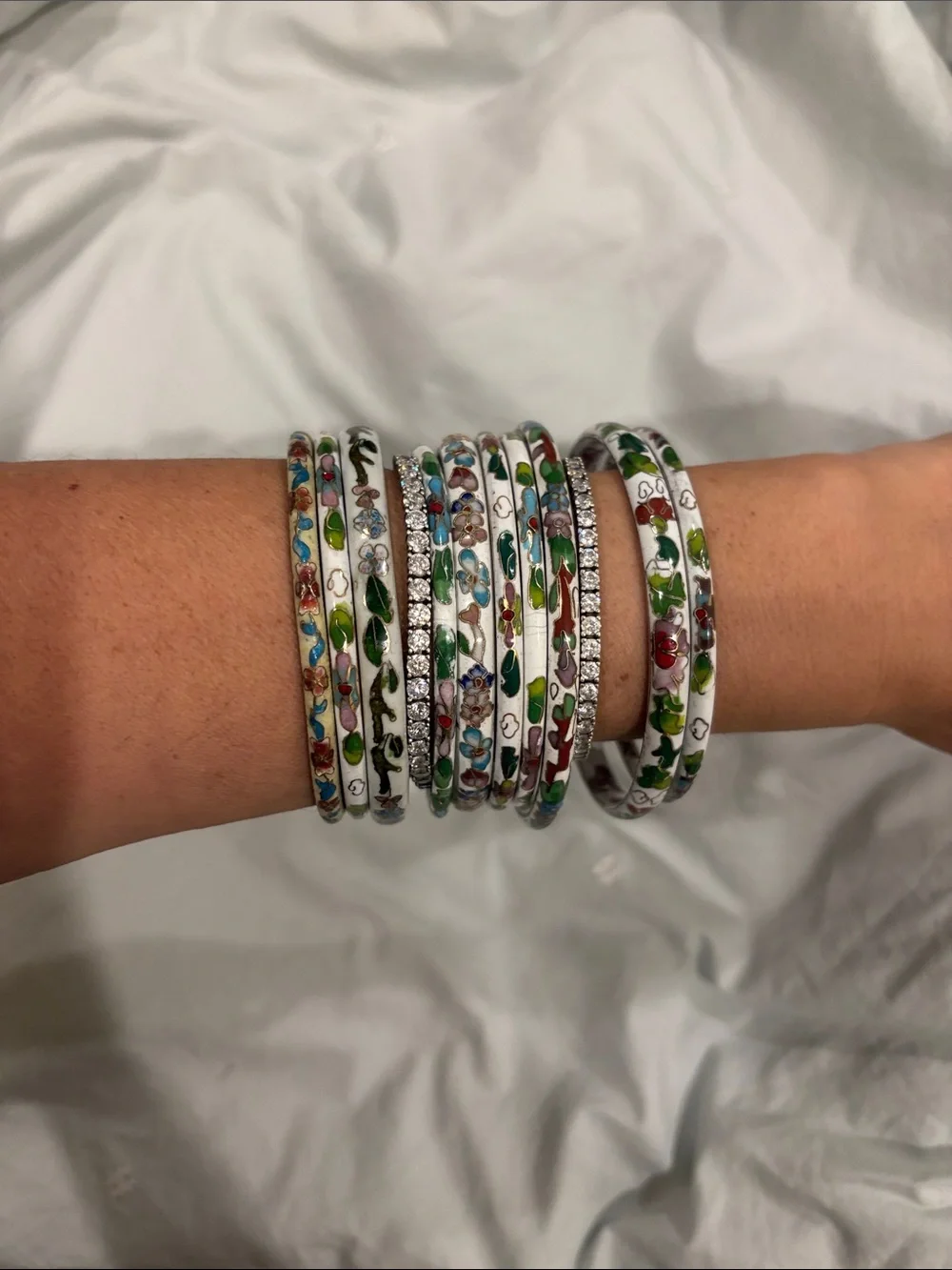 10 Pc Stack Floral Cloisonné White Enamel Bangle Set - Multi-Color Flower Design
